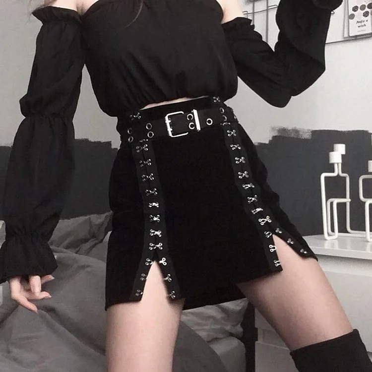 GOTH VELVET HIGH WAIST BLACK MINI SKIRT