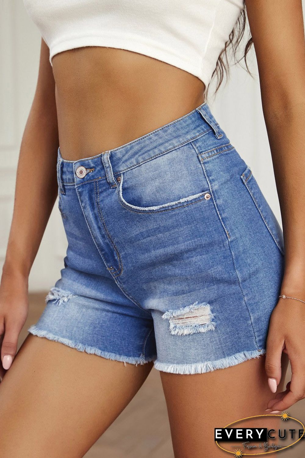 Sky Blue High Waist Frayed Denim Shorts