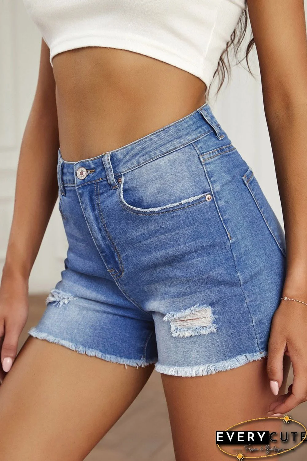 Sky Blue High Waist Frayed Denim Shorts