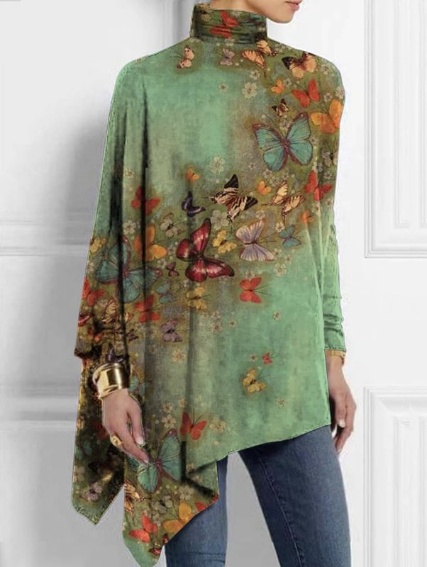 Turtleneck Retro Butterfly Print Asymmetrical Hem Top