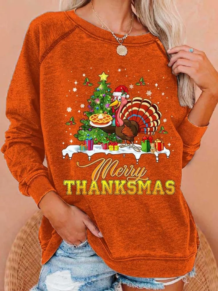 Wearshes Merry Thanksmas Turkey Solid Casual Sweatshirt