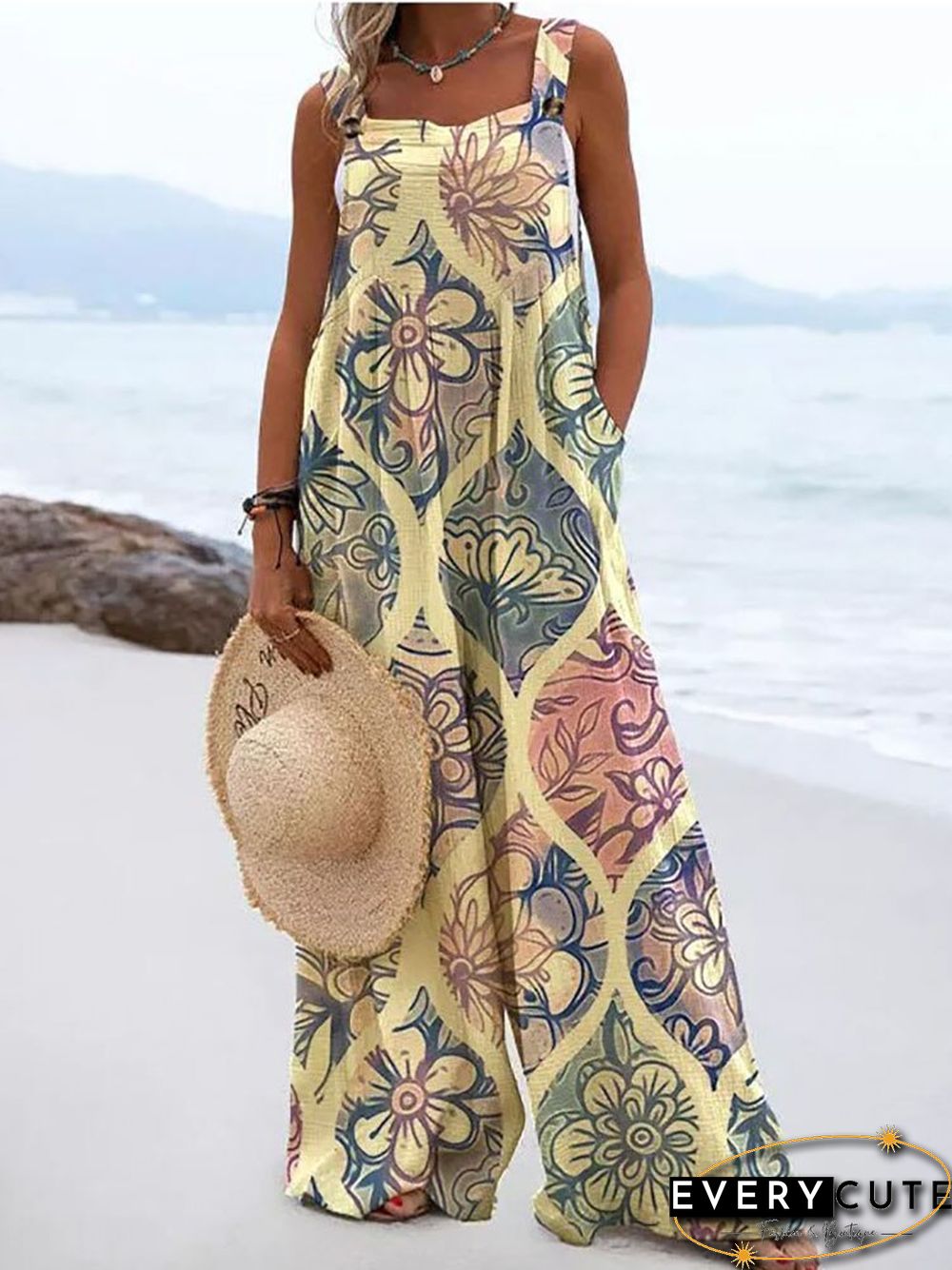 Summer Vintage Print Trousers Jumpsuit Women Casual Sling Sleeveless O Neck Wide Leg Playsuits Fashion High Street Loose Romper