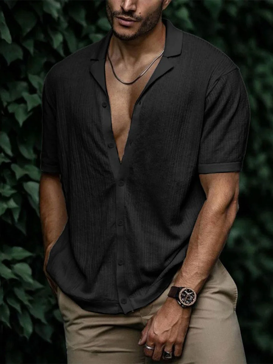 Men's Fashion Black Turn-down Collar Short-Sleeved Knitted Shirt