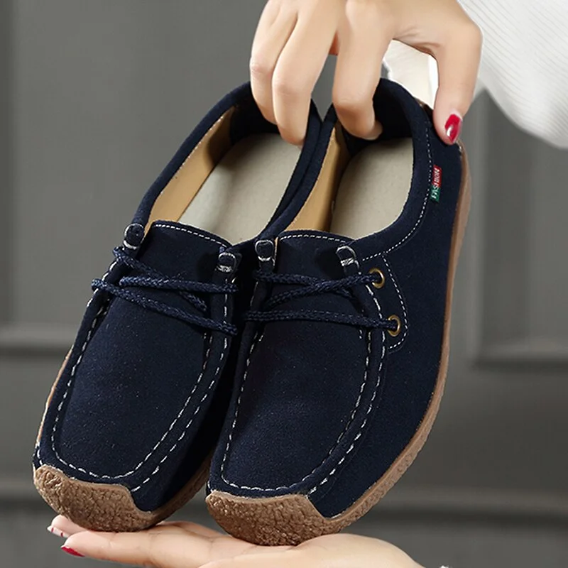 Women Flats Shoes Lace Up Leather Sneakers Spring Outdoor Walking Oxford Shoes Female Loafers Casual Suede Flats Stitching