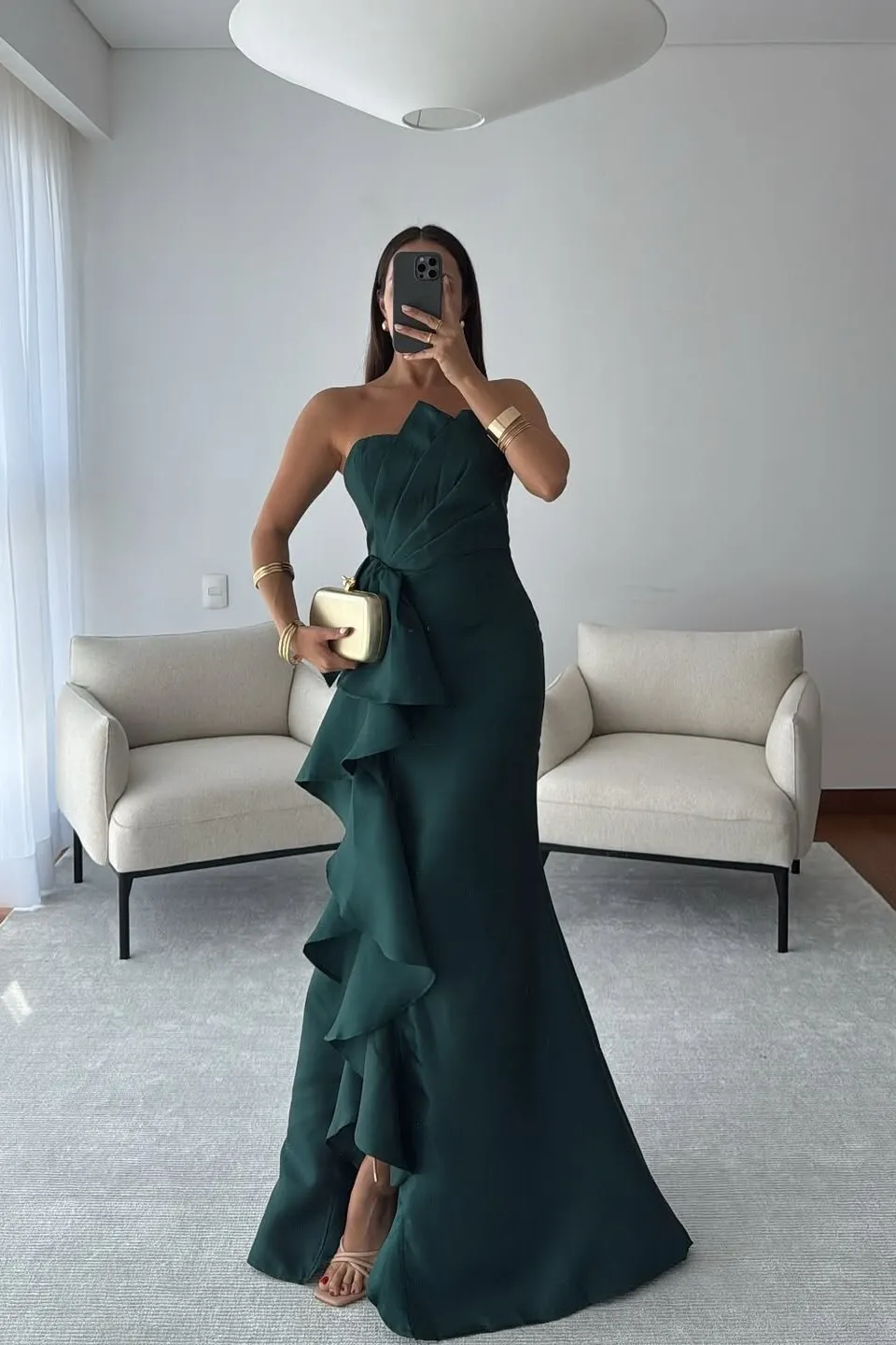 Peacock Green Chiffon Strapless Sleeveless Long Prom Dress With Ruffles And Split | YQ0027 Wellcucu