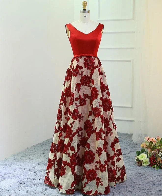 Stylish Red A-Line V Neck Long Prom Dress, Red Evening Dress
