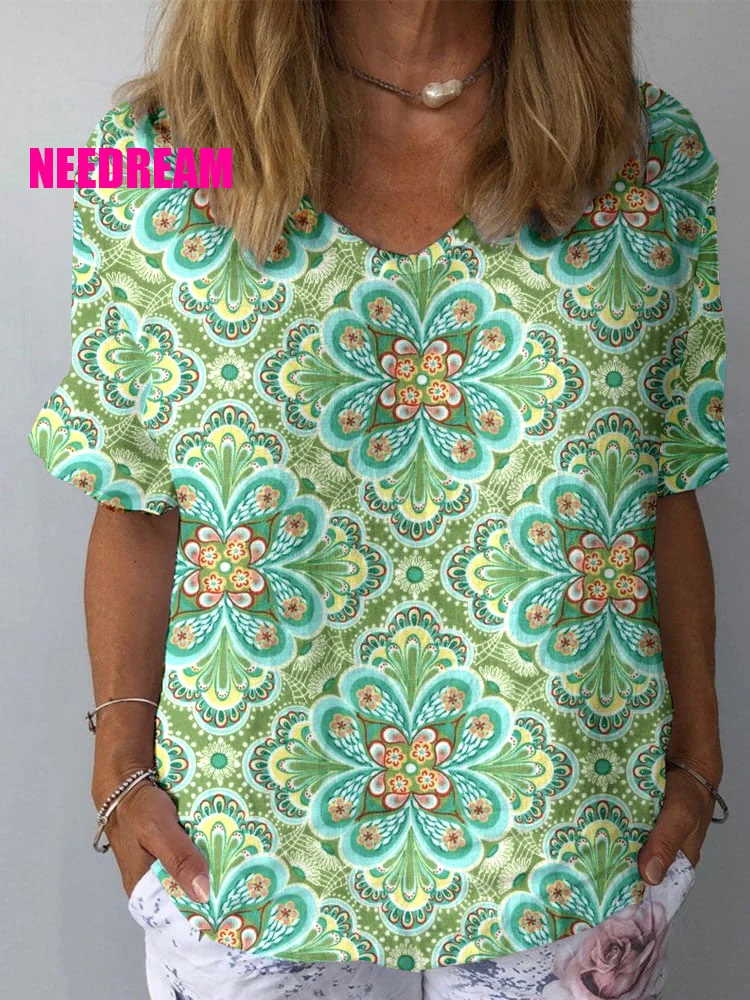 Womens Retro Art Pattern Print Cotton And Linen Top