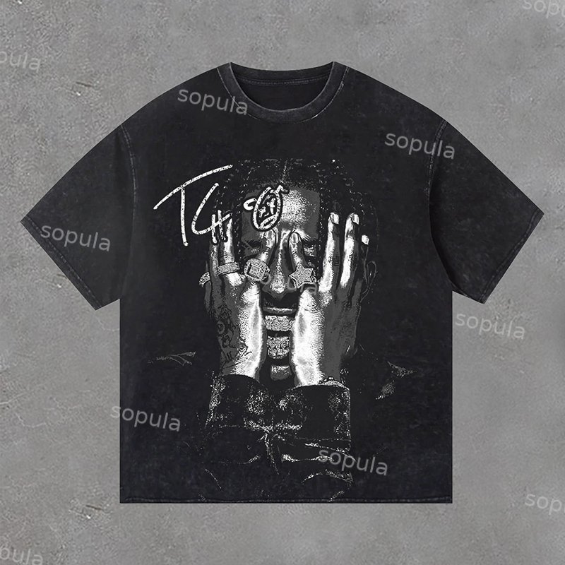 Retro Acid Washed Travis Scott Portrait Graphic Print T-Shirt - SOPULA
