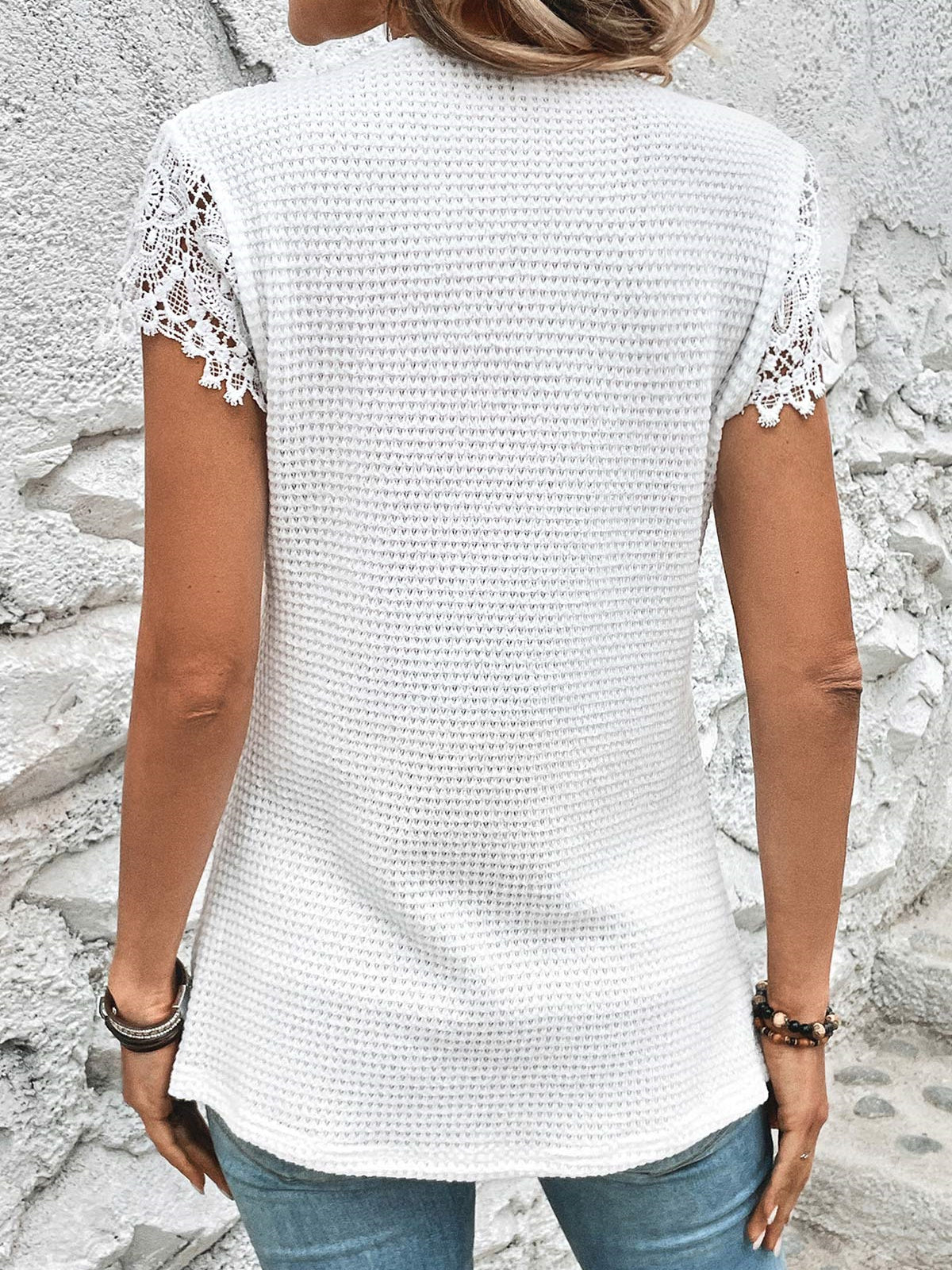 Women Short Sleeve V-neck Solid Button Lace Tops