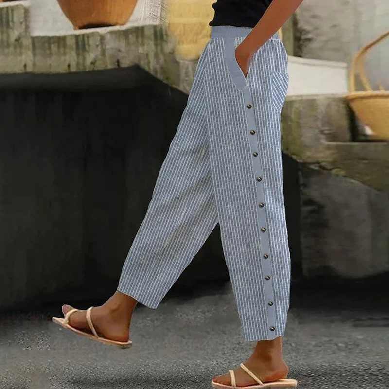 Comstylish Vintage Button Striped Printed Linen Cozy Pants