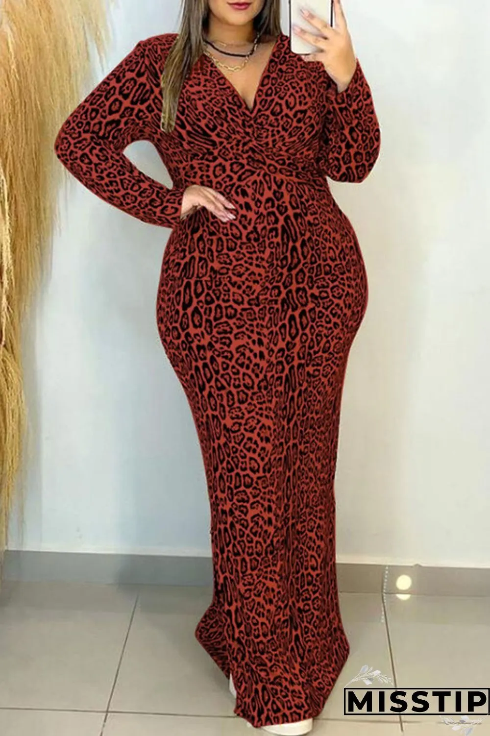 Apricot Casual Print Leopard Patchwork V Neck Long Sleeve Plus Size Dresses