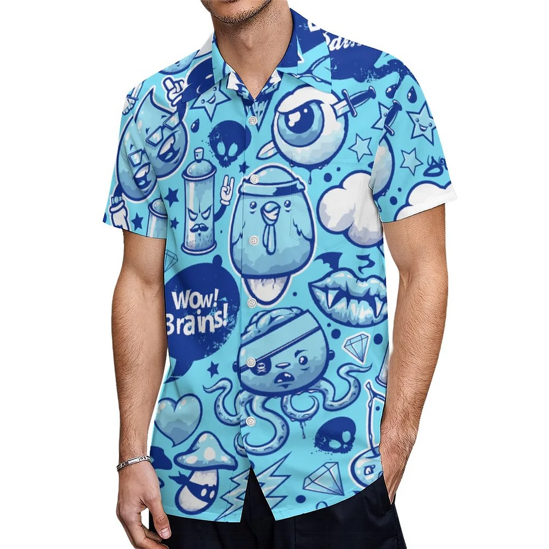 Blue Graffiti Art Cartoon Characters Hawaiian Shirt Mens Button Down Plus Size Tropical Hawaii Beach Shirts