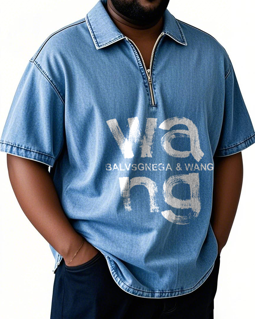 Big & Tall Men's Graffiti Letters Denim Zipper Stand Collar Short Sleeve Shirt