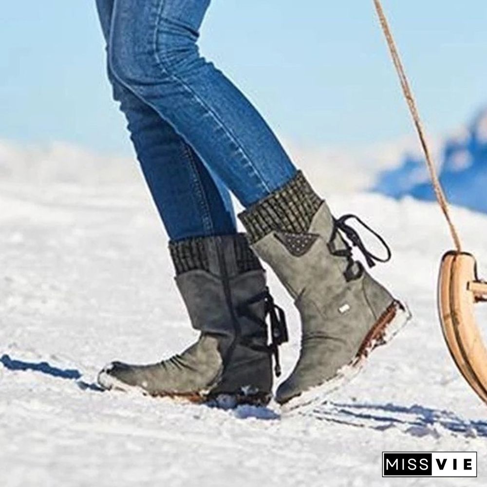 New Fashion Autumn and Winter Womens Boots In The Calf Boots Casual Flat Snow Boots Leather Sweater Bandage Boots Cowgirl Boots Zipper Low Heel Ladies Boots