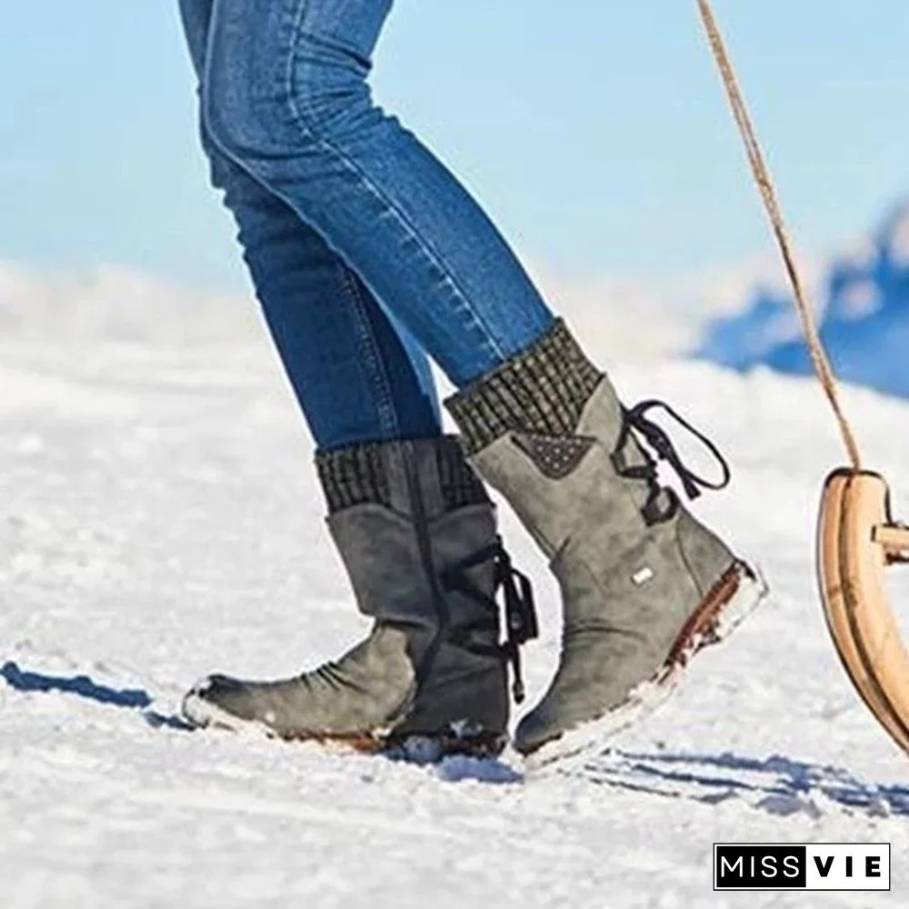 New Fashion Autumn and Winter Womens Boots In The Calf Boots Casual Flat Snow Boots Leather Sweater Bandage Boots Cowgirl Boots Zipper Low Heel Ladies Boots