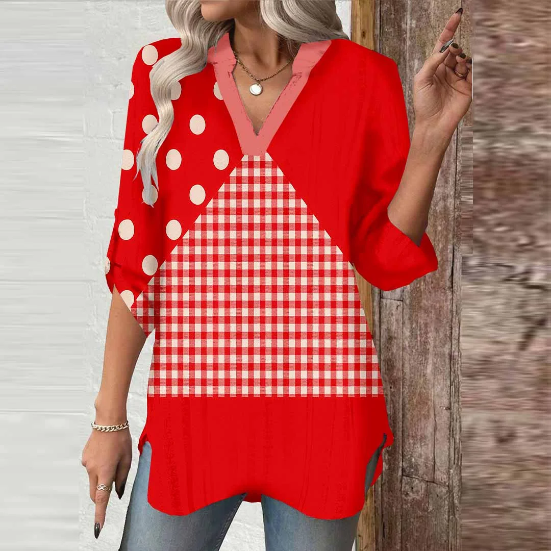 Women Striped,Polka-Dot,Red DZGA0302 3/4 Sleeve V-neck Printed Graphic Button Tops