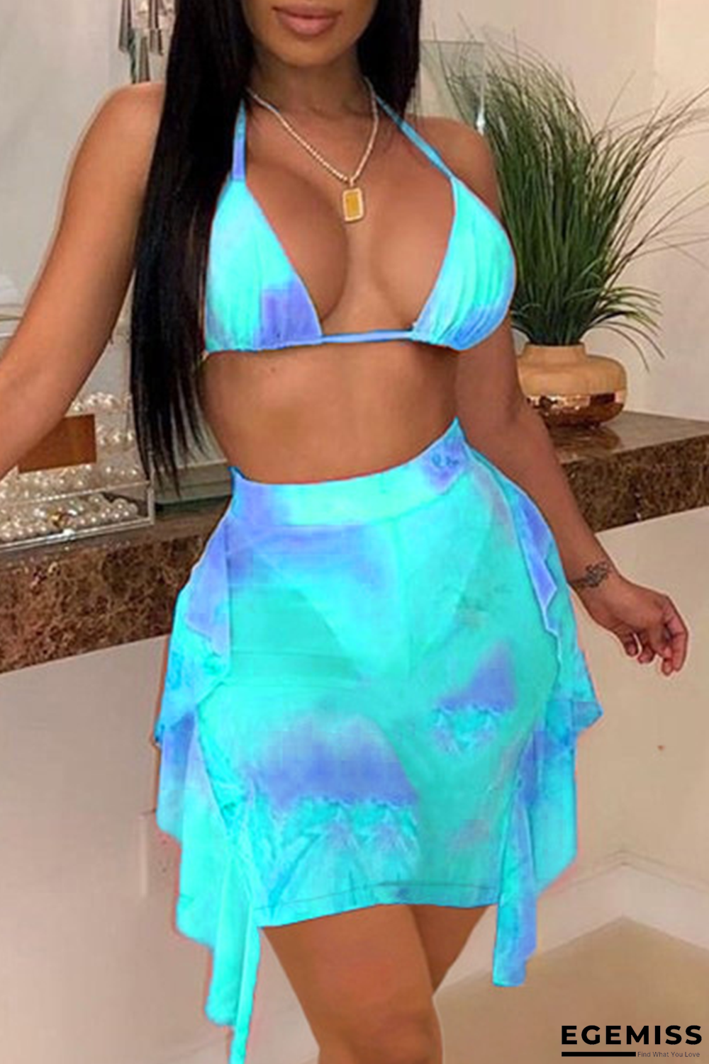 Baby Blue Sexy Print Patchwork Swimwears | EGEMISS