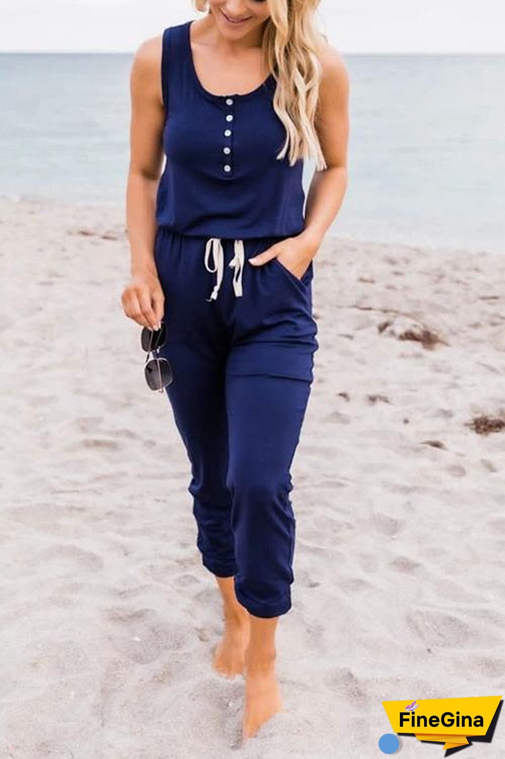 Button Sleeveless Drawstring Jumpsuits