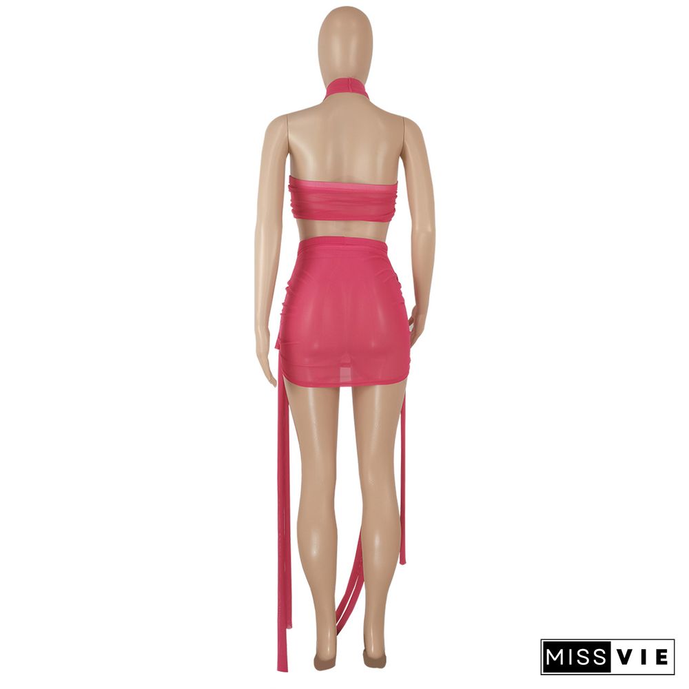 Mesh Sheer Halter Crop Top and Mini Skirt Suits