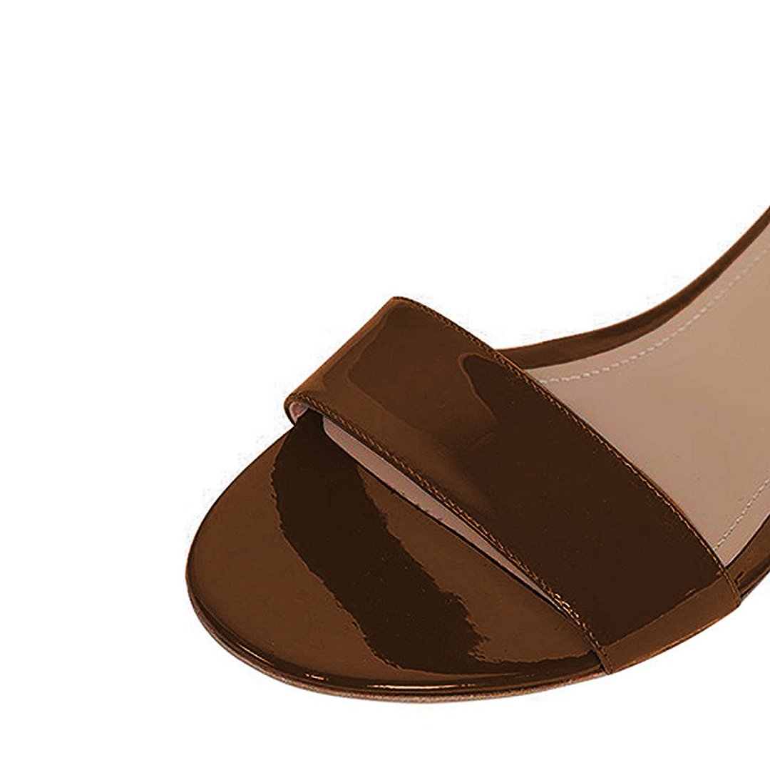 Brown Patent Leather Open Round Toe Ankle Strap Flat Sandals for Women