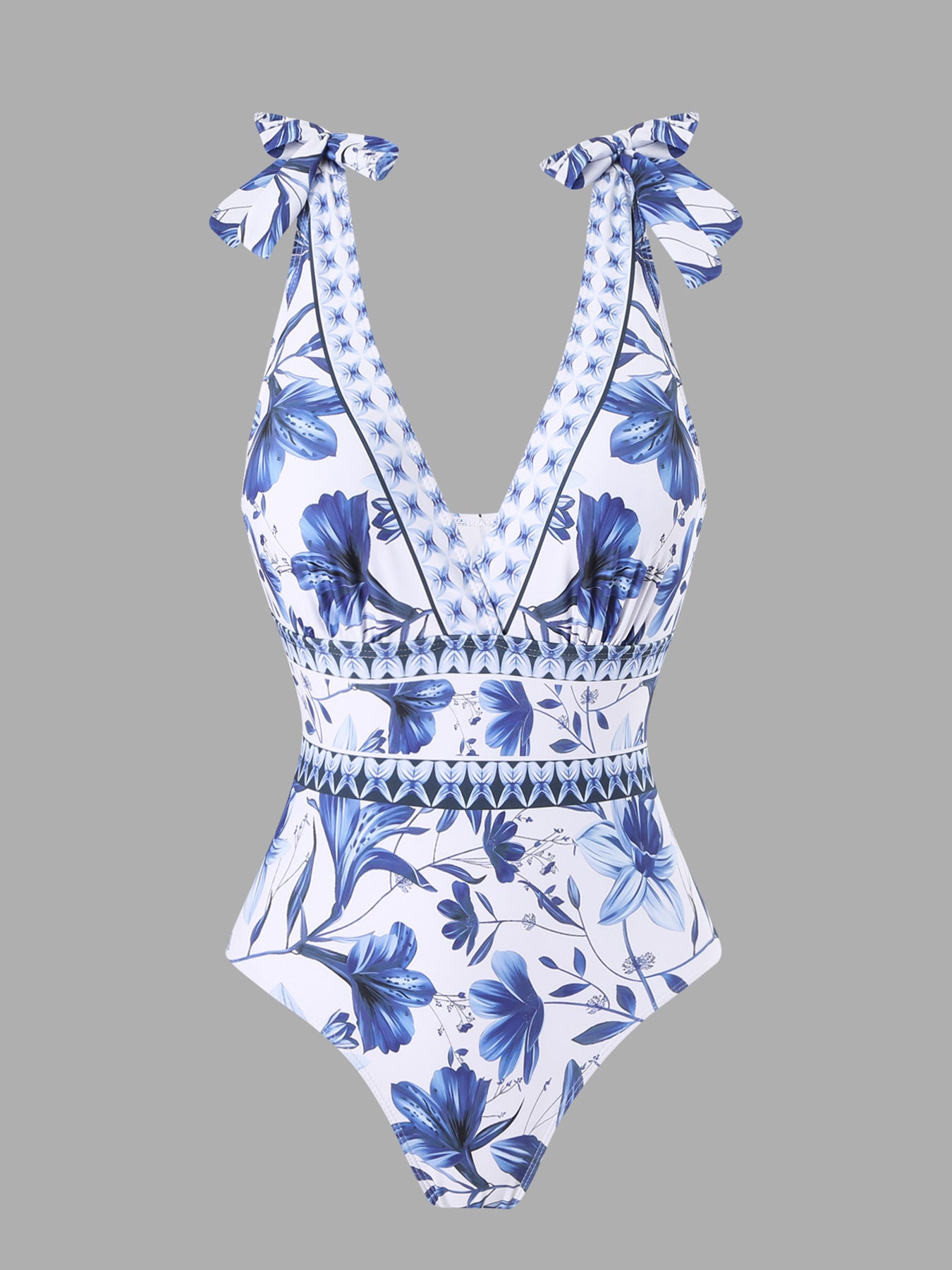- blue and white porcelain swimsuit wrap skirt suits