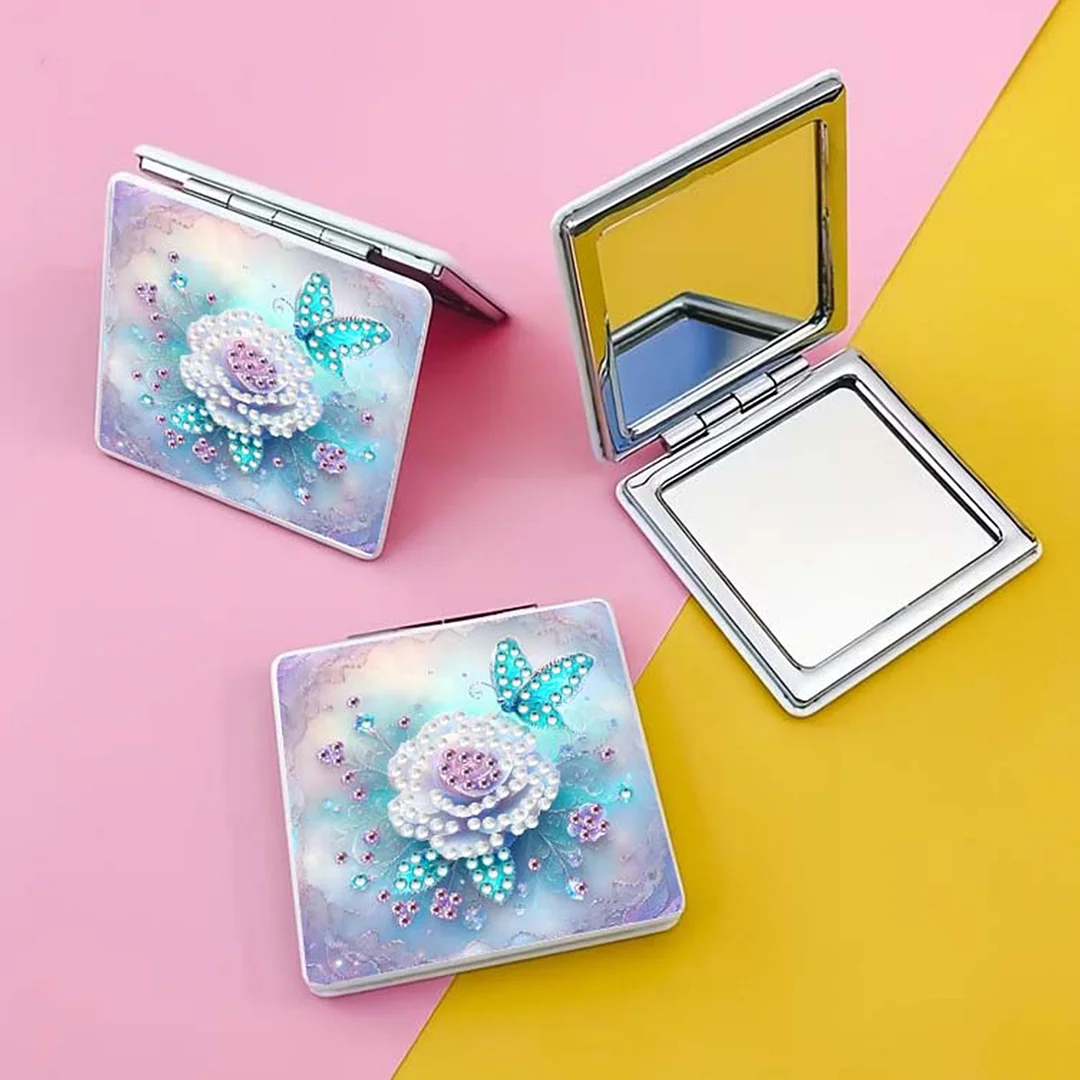 White Flower DIY Special Shaped Diamond Painting Compact Mirror Kits Diamond Art Painting Pocket Mirror for Beginners Adults Art Craft Woman Gifts