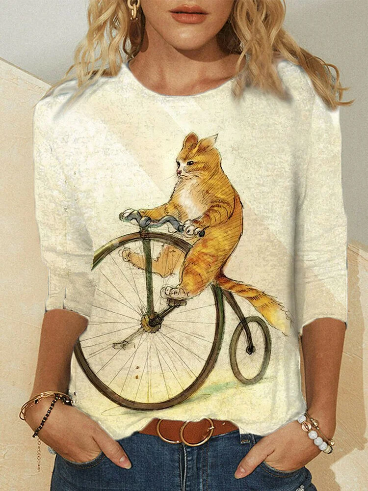 Lovely Cat Print Round-Neck Long Casual T-Shirt