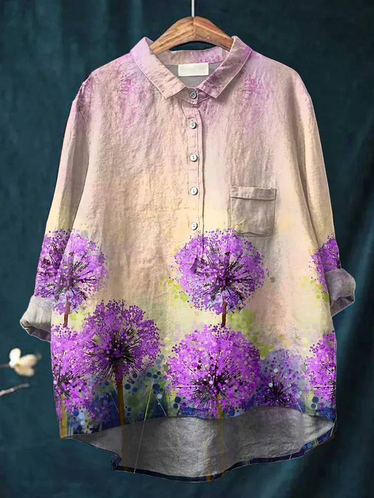 Womens Dandelion Ombre Floral Casual Cotton and Linen Shirt