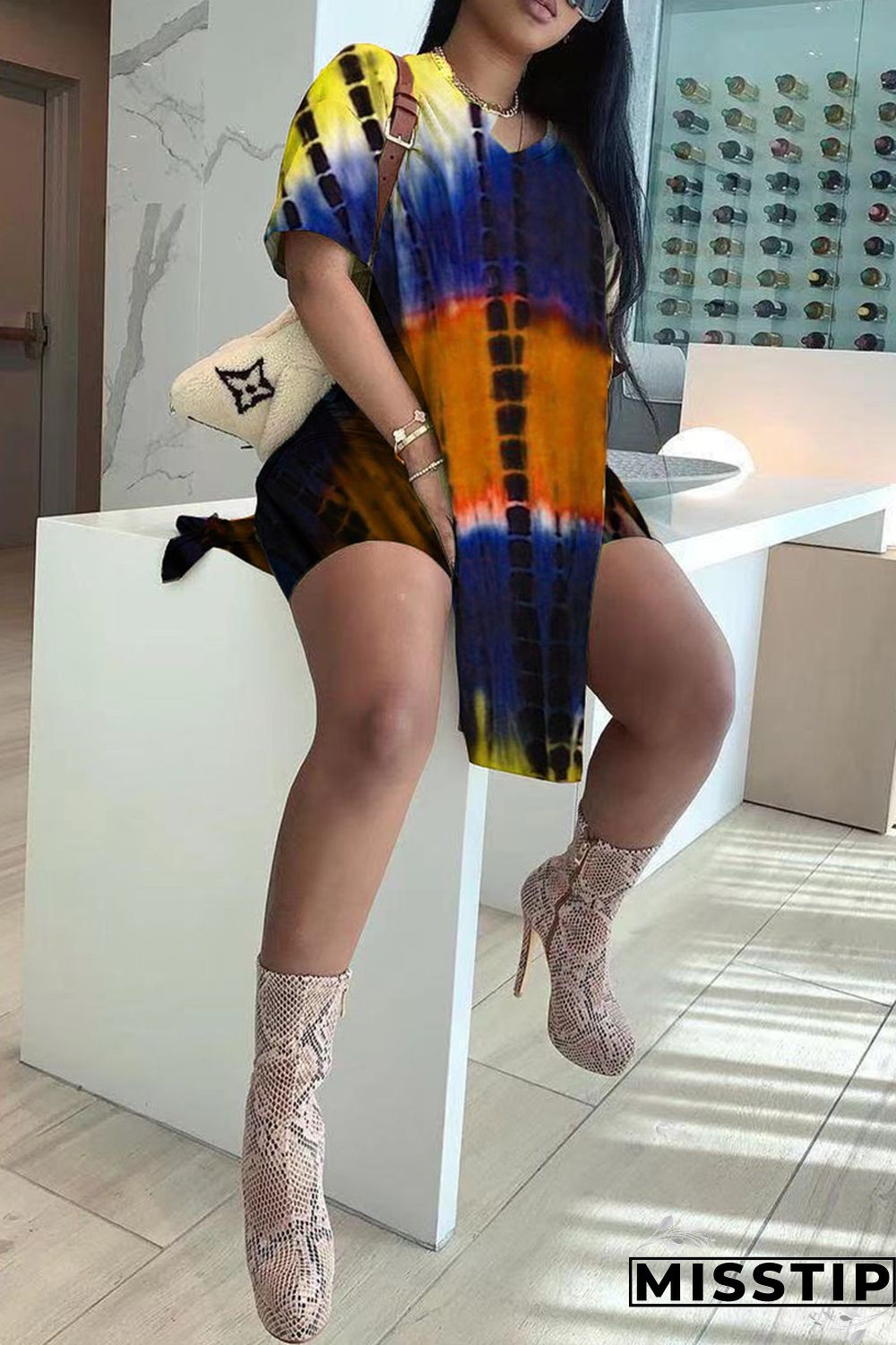 Orange Fashion Casual Print Tie Dye Slit V Neck Short Sleeve Two Pieces