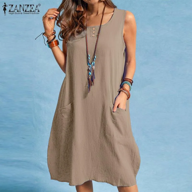 2022 ZANZEA Summer Women Elegant Sundress Bohemian O Neck Sleeveless Knee-length Dress Casual Tanks Vestido Sarafan Robe Femme 7