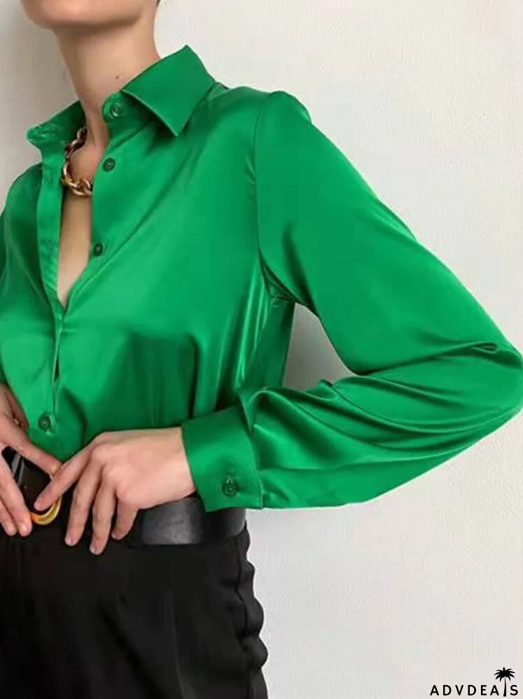 Elegant Long Sleeve Green Silk Blouse