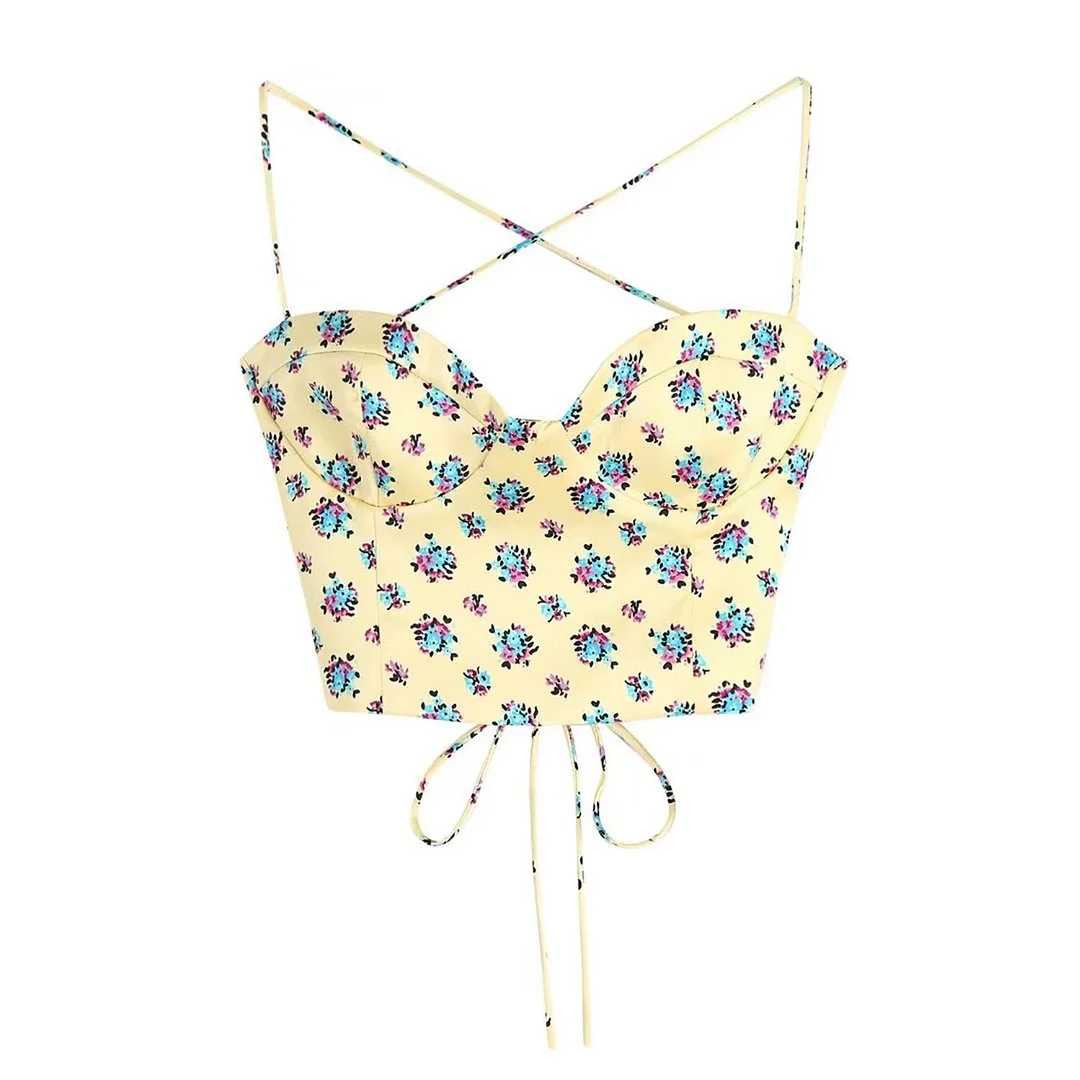 TFMLN 2022 Summer Women Blouse Sets Casual Bandage Camisole Shirts+Bow Skirts Female Sleeveless Floral Printed Outwear