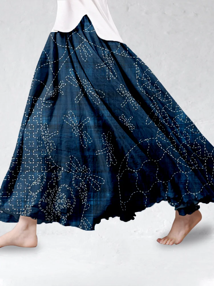 Vintage Japanese Sashiko Linen Blend Flowy Wide Skirt