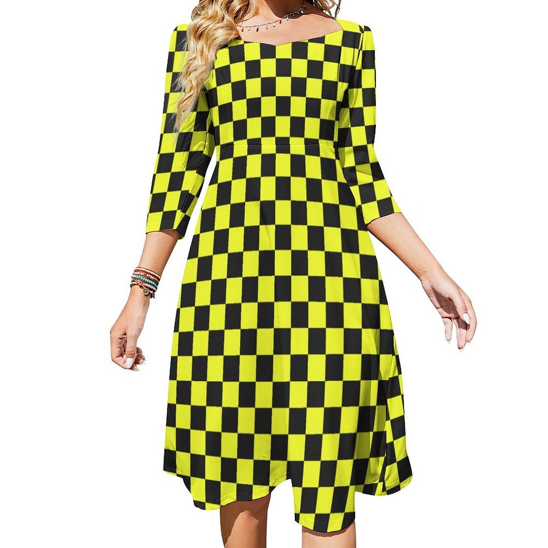 Black And Yellow Checkerboard Pattern Dress Sweetheart Tie Back Flared 3/4 Sleeve Midi Dresses