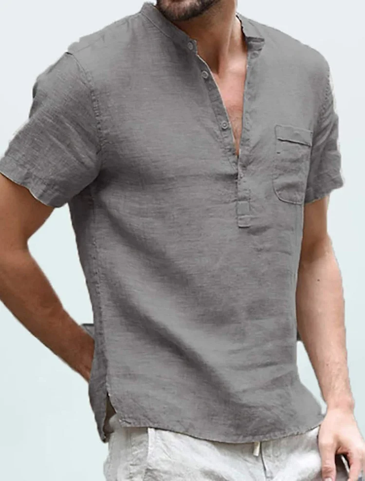 Men's T shirt Solid Colored Short Sleeve Daily Tops Cotton Basic Streetwear V Neck Gray Green White / Work Linen-Cosfine