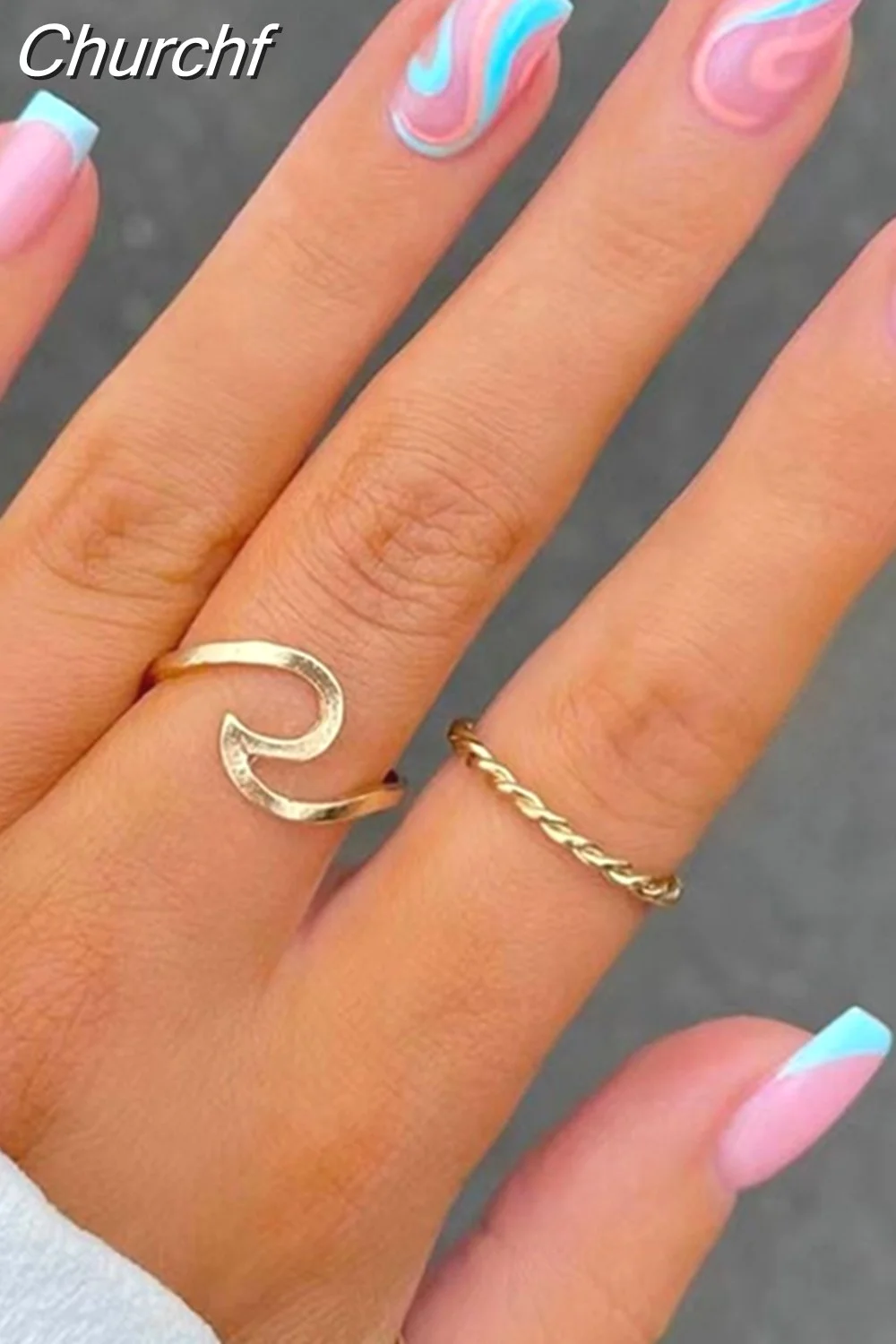 Churchf Wave Line Short Ballet French False Nails With Flower design Square Head Fake Nail Tips Simple Wearable Press On Nails-Nail Inspo