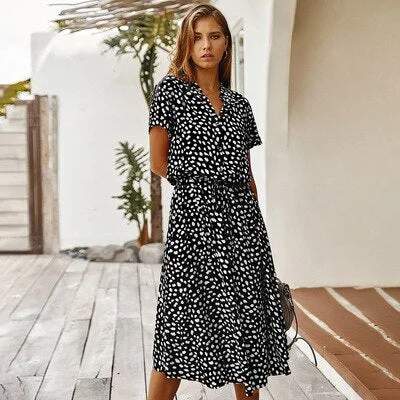 Women's Dress Midi Dress Female Elegant Bohemia Vestido Beach Party Outfit Dress Za Vintage Polka Dot V Neck Short Sleeve Autumn