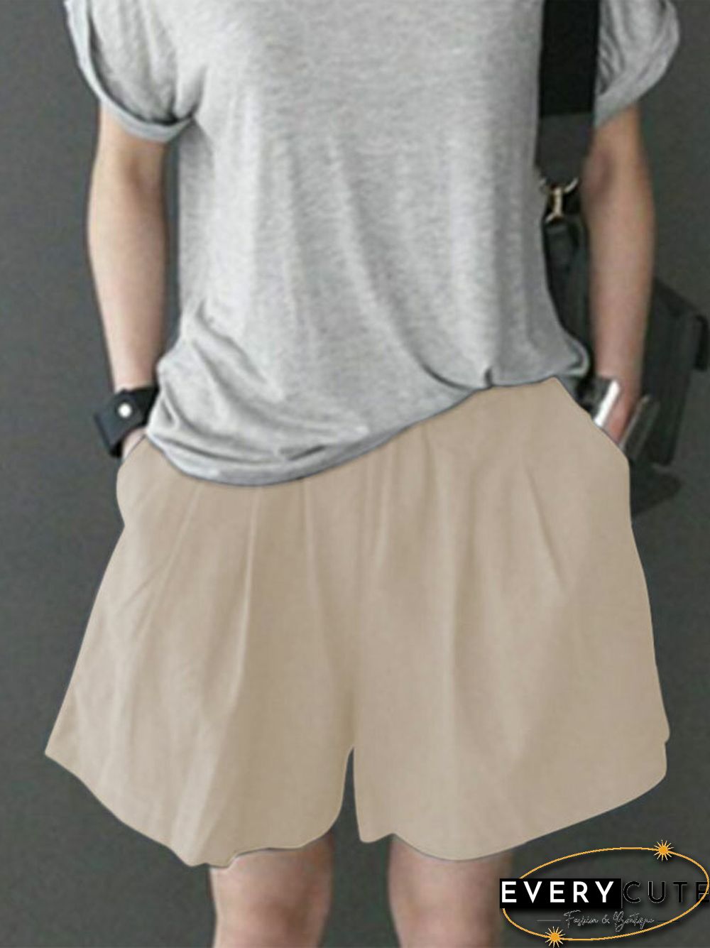 Leisure Solid Ruched Pocket Cotton Shorts