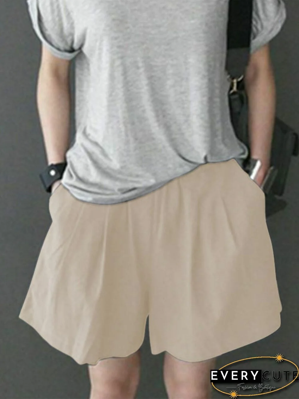 Leisure Solid Ruched Pocket Cotton Shorts