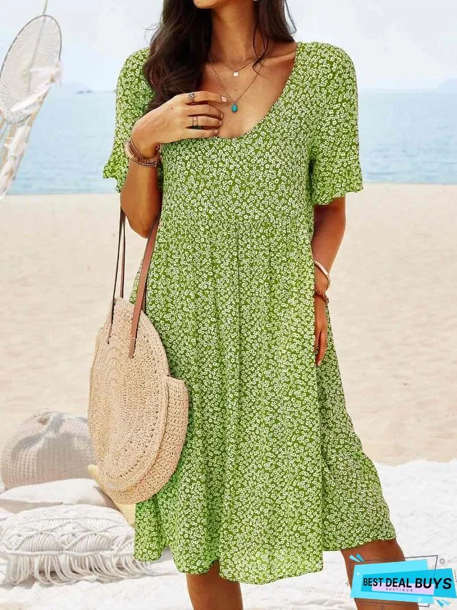 Casual Floral Summer V neck No Elasticity Daily Midi Short sleeve A-Line Dress for Women