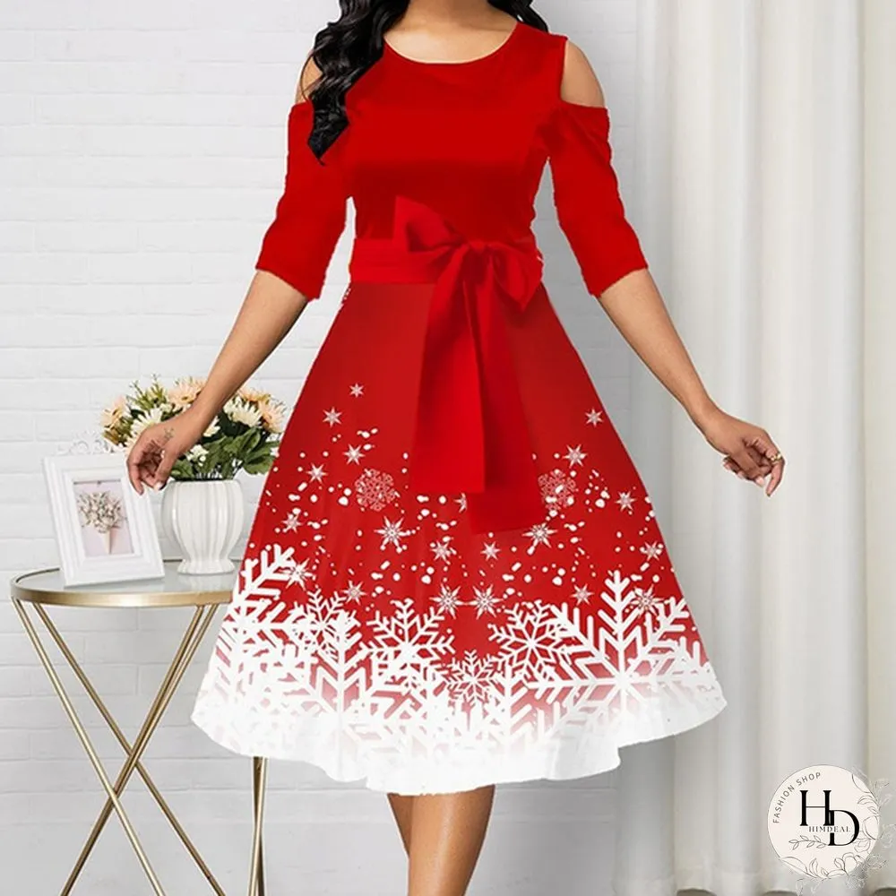 Womens Belted Snowflake Print Cold Shoulder Round-neck Elegant Dress Plus Size Fashion