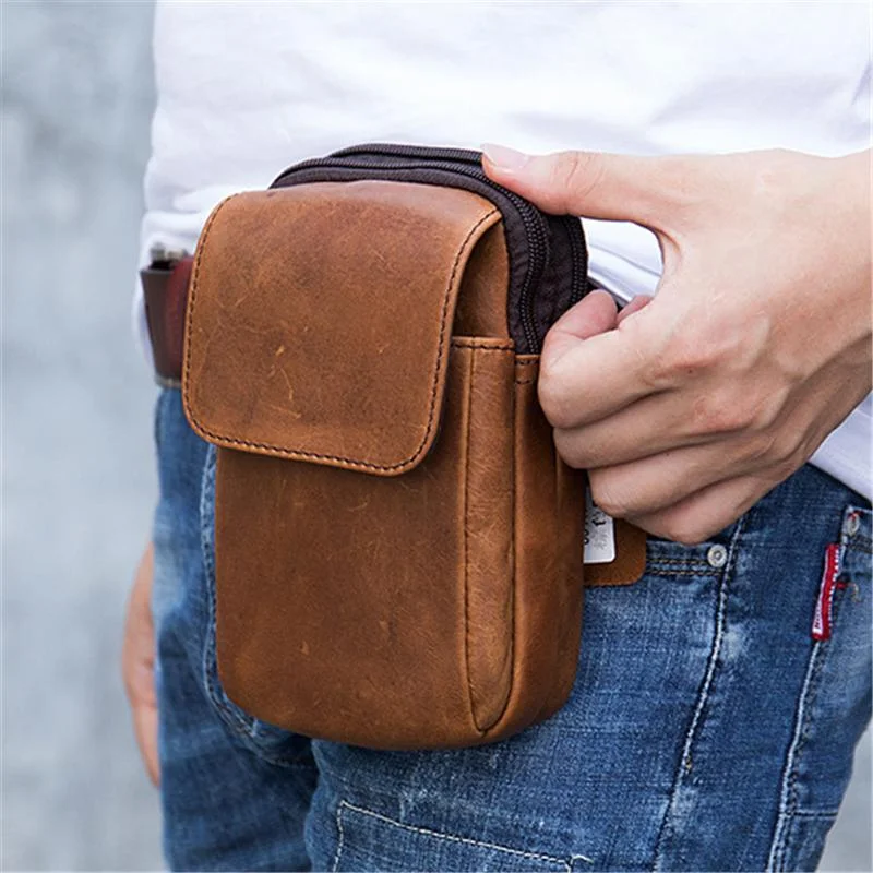 Men's Casual Cowhide Leather Double Zippers Crossbody Packs Waist Bag