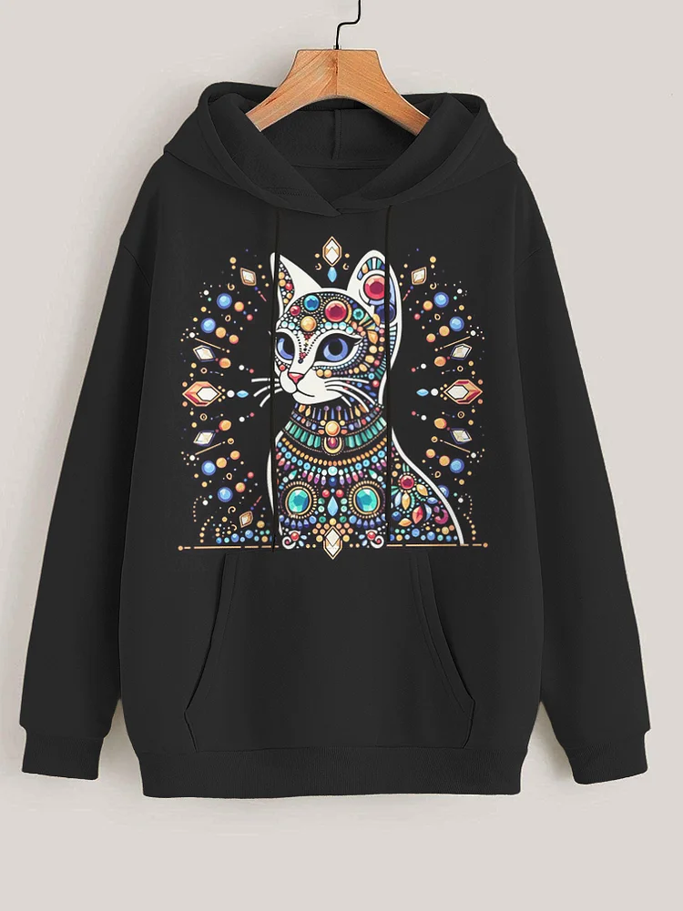 Women's Colorful Beaded Cat Graphic Print Hooded Sweatshirt