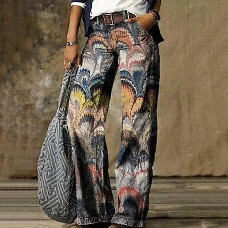 Retro Style Washed Printed Wide Leg Jeans