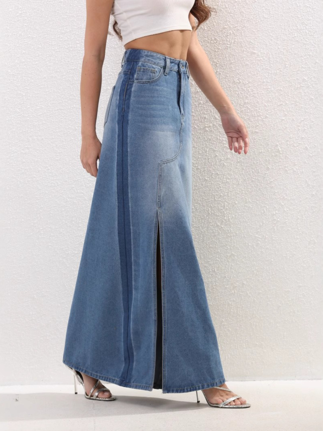 Women&lsquo;s High-Waist Denim Midi Skirt with Side Slit - Stylish Casual Streetwear, Fit, Light Blue Washed Jean Skirt for Spring/Summer/Fall, Versatile Fashion, High Waisted Skirt, Seasonal Fashion, Trendy Fashion, Durable Fabric