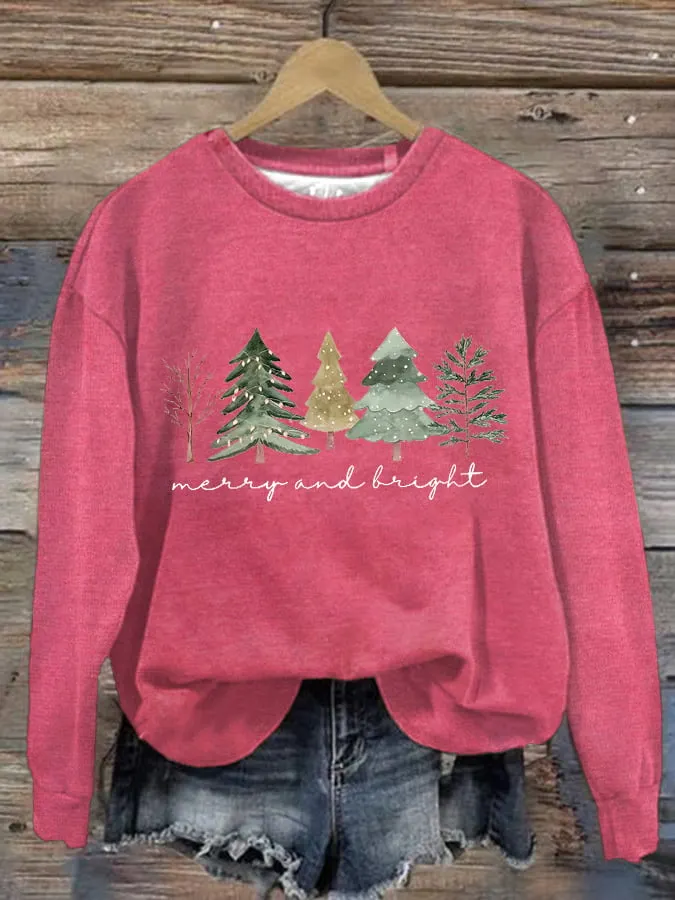 Women's Casual Merry And Bright Print Long Sleeve Sweatshirt