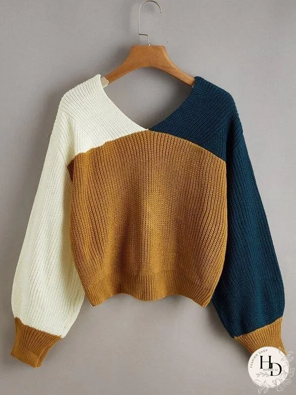 Colorblock Twist-Front Cropped Sweater