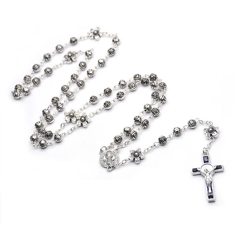 Rose Cross Prayer Rosary Necklace