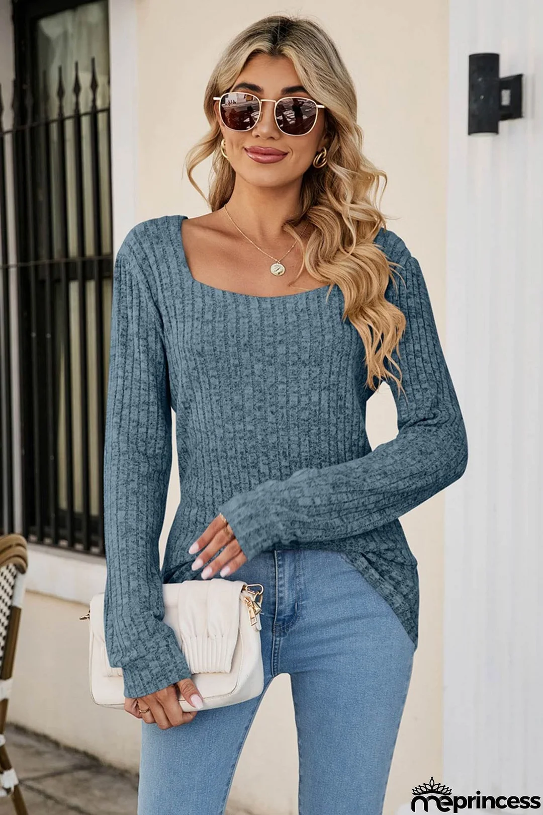 Casual Square Neck Ribbed Sweater