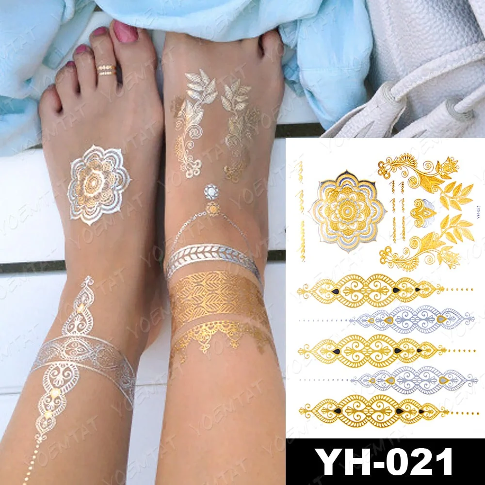 Gold Haina Henna Waterproof Temporary Tattoo Stickers Woman Sexy Transfer Tatto Hand Silver Bridal Jewelry Arm Fake Tattoos Girl